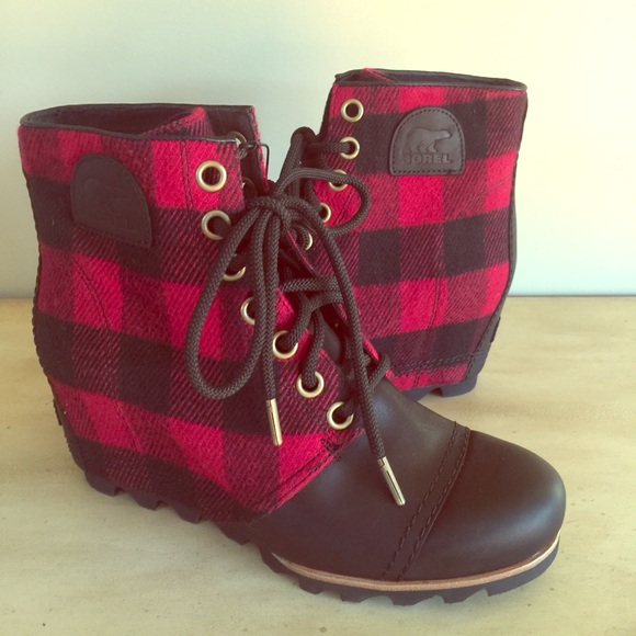 plaid wedge boots